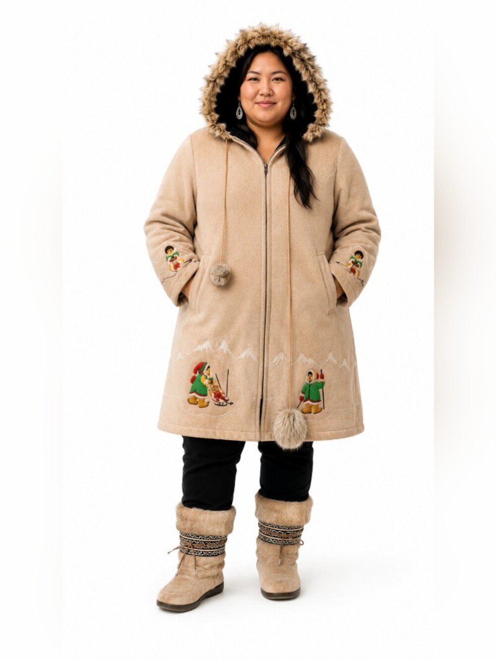 Faux Fur Trim Hooded Tan Wool-Blend Coat with Embroidered Winter Motifs Large